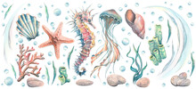 A Large Set Of Objects On A Marine, Tropical Theme. Seahorse, Jellyfish, Starfish, Shells, Corals, Bubbles, Pebbles, Algae, Waves. Watercolor Illustration. For Decoration And Design.