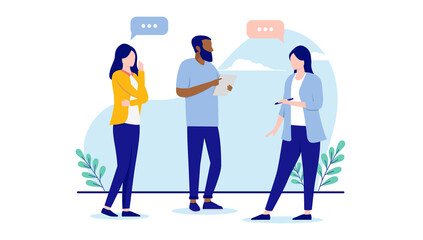 Poster - People working together - Small diverse group of businesspeople in casual clothing standing up and having a meeting. Flat design vector illustration with white background