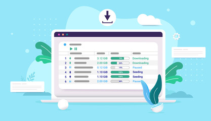 Torrent client on laptop computer screen downloading files from internet. Semi flat vector illustration with blue background