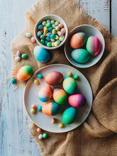 Assortment Of Brightly Colored Easter Eggs On Burlap And White Wood.