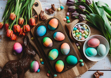 Tray Of Brightly Colored Easter Eggs Surrounded By Tulips.