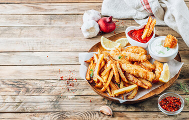 British Traditional Fish and chips with ketchup and tartar sauce