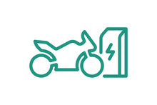 Electric Sportbike Charging In Charger Station Linear Icon. Electrical Motorcycle Energy Charge Green Symbol. Eco Friendly Electro Motorbike Recharge Sign. Vector Eps Battery Powered EV Transportation
