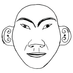 Bronze human mask from ancient China. Shang Dynasty. Stylized face of a lop eared man. Hand drawn sketch. Black and white linear silhouette.