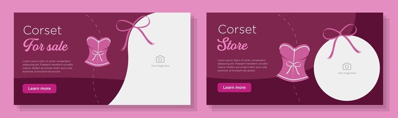 Corset store online banner template set, lingerie boutique shop advertisement, horizontal ad, female underwear shop campaign webpage, pink lace bra creative brochure, isolated on background