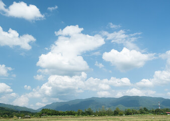 Wall Mural - the white clouds have a quaint and rural shape. the sky is cloudy and blue