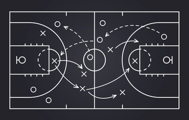 Basketball strategy field, game tactic chalkboard template. Hand drawn basketball game scheme, learning orange board, sport plan vector illustration
