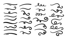 Swish Doodle Underline Set. Hand Drawn Swoosh Elements, Calligraphy Swirl Or Sport Swoop Text Tails, Swash Decorative Strokes On White Background, Vector Illustration