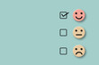 © Chitraporn - Customer evaluation or positive feedback concept rating. Check mark to select happy smile face on pastel green background. copy space for text. illustration of 3D paper cut design style.