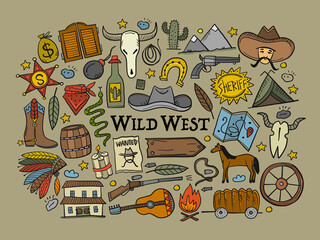 Wall Mural - Wild Western. Adventure Background. Icons collection for your design