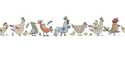 Poster - Funny farm birds family. Chicken and Rooster characters. Seamless pattern background for your design