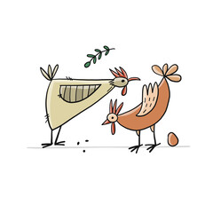 Poster - Funny Family - Chicken and Rooster characters with egg. Art isolated on white for your design