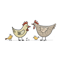 Poster - Funny Family - Chicken and Rooster characters with chick. Art isolated on white for your design