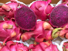 Close Up Fresh Dragon Fruit Sell In The Market, Dragon Fruit Is A Pink Fruits