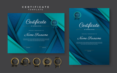 Wall Mural - Blue certificate of achievement template with gold badge and border