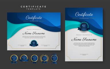 Blue and black certificate of achievement template with gold badge and border