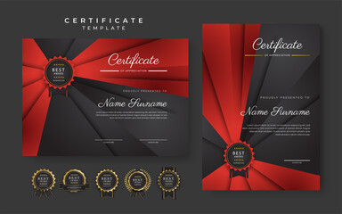 Wall Mural - Red and black certificate of achievement template with gold badge and border