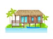 Modern bungalow exterior on island with parked water boat. Luxury tropical resort hotel, vector villa, summer vacation wooden home building on pillars with thatched roof, terrace and entrance to water