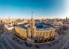Yekaterinburg City Administration Or City Hall. Central Square. Evening City In The Early Spring, Aerial View.