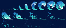 Water Splash Vfx Animation Sprite Sheet. Stages Of Aqua Splashing Motion Design Elements, Sequence Frame. Cartoon Blue Ocean Or Sea Stream With Drops And Splatters, Fx Storyboard Vector Illustration