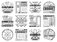 Croquet Club Sport Icons, Ball, Sticks Equipment And Player Bats, Vector. Croquet Country Club Tournament Or League Championship Game Signs With Crossed Mallets, Pegs, Flags And Wickets