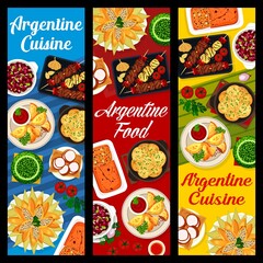 Sticker - Argentina cuisine and Argentine food banners with dishes and meals, vector restaurant menu. Argentinian empanadas, BBQ with meat and sausages grill, chimichurri and bean stew, cookies and cakes