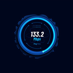 Poster - Futuristic internet speed meter dial, network connection fast test, vector website speedometer. Interned high speed download meter or web server mbps upload and ping gauge with blue neon glow