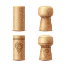 Realistic Bottle Corks, Wine Stopper Caps. Isolated Vector Corkscrew Wooden Corks From Champagne Or Natural Colmated Corks, Conical, Twin-top Or Agglomerated And Bar-top Synthetic Wine Stoppers