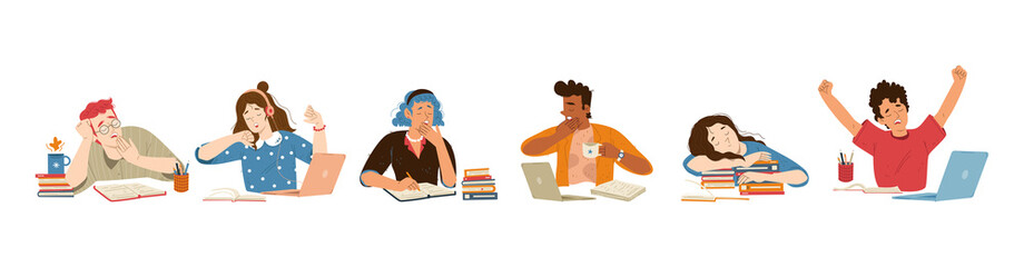 Wall Mural - Tired sleepy students yawn at desk with books and laptop. Vector flat illustration of lazy or bored young people, teenagers feel tiredness doing school homework, girl sleep on books stack