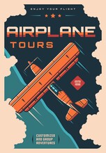 Airplane Travel Tours Vintage Poster With Vector Retro Plane, Biplane Or Monoplane Flying In Sky With Clouds. Old Fixed Wing Aircraft Or Classic Propeller Engine Show, Air Travel Or Aviation Adventure