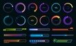 Loading progress bars, load or download and upload web icons, vector round graphs. Circle loaders and speed, status or loader percentage progress bars for website or internet page in neon gradient