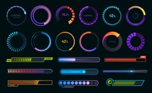 Loading Progress Bars, Load Or Download And Upload Web Icons, Vector Round Graphs. Circle Loaders And Speed, Status Or Loader Percentage Progress Bars For Website Or Internet Page In Neon Gradient