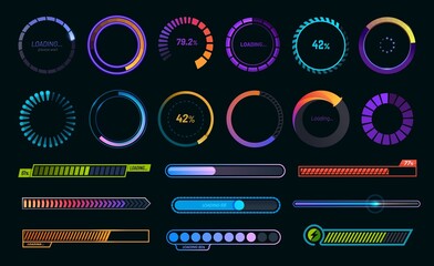 Wall Mural - Loading progress bars, load or download and upload web icons, vector round graphs. Circle loaders and speed, status or loader percentage progress bars for website or internet page in neon gradient