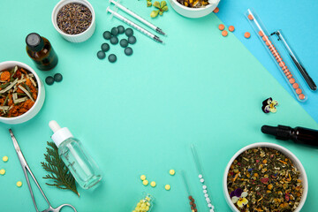 Sticker - Assortment of herbal and traditional medicine on colourful background.