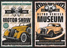 Vintage Racing Cars Museum, Antique Vehicles Motor Show Banner With Classic Roadster, Limousine And Cabriolet Coupe, Internal Combustion Engine Pistons Illustration. Retro Car Vector Poster