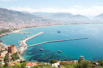 Sticker - View of Alanya harbor. Red Tower and port aerial panoramic view in Alanya city