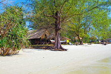 Beautiful Idyllic Relaxing Cambodian White Sand Beach, Bamboo Huts, Green Trees - Silver Beach, Cambodia, Sihanoukville Area