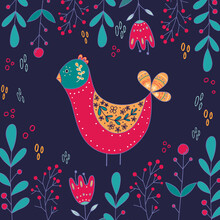 Folk Vector Card With Colorful Bird And Bright Flowers. Cute Birdie 
