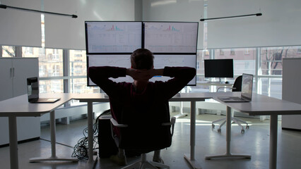 Back view of financial advisor work at multi-screen workstation and relax