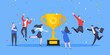 Employee recognition or proud workers of the month business concept flat style design vector illustration. Young adult people jump in the air near trophy cup.