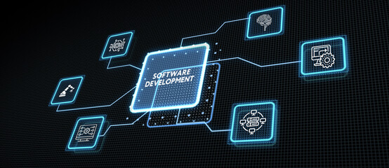 Inscription Software Development on the virtual display. Business, modern technology, internet and networking concept. 3d illustration