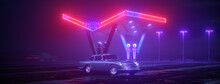 Neon Gas Station And Retro Car. Vintage Cyberpunk Auto. Fog Rain And Night. Color Vibrant Reflections On Asphalt. Aston Martin DB5 Vantage. 3D Illustration.