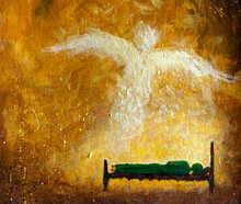 Oil Painting An Angel Comes In A Dream To A Sleeping Man, Beautiful Art Religious Illustration Paint. Modern Impressionism. Acrylic Artwork.