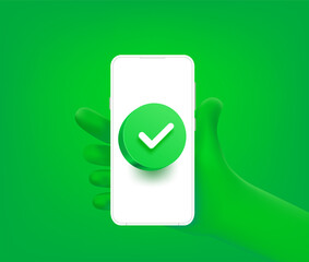 Poster - Cute comic hand with checkmark icon on smartphone. 3d vector illustration