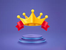 Golden Crown With Red Ribbon On Neon Podium. Vector 3d Illustration