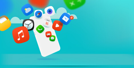 Aufkleber - Using different internet applications on smartphone. Horizontal vector banner with copy space