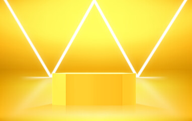 Aufkleber - Golden hexagon showcase with neon light. 3d vector illustration with copy space
