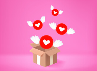 Aufkleber - Hearts with the wings flying out the box. 3d vector concept