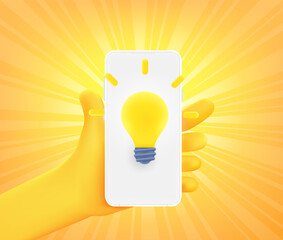 Fototapete - Cute comic hand with app icon with lightning bulb on smartphone. 3d vector illustration