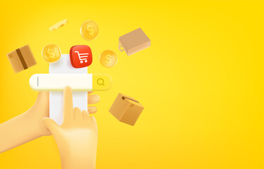 Poster - Online shopping concept with man and smart phone. 3d vector banner with copy space